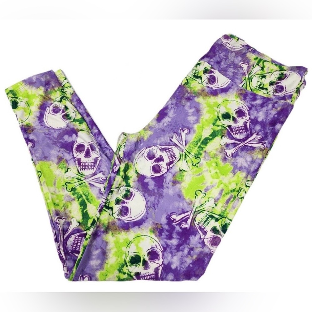 LuLaRoe Leggings with Skull Design Purple and Green one size